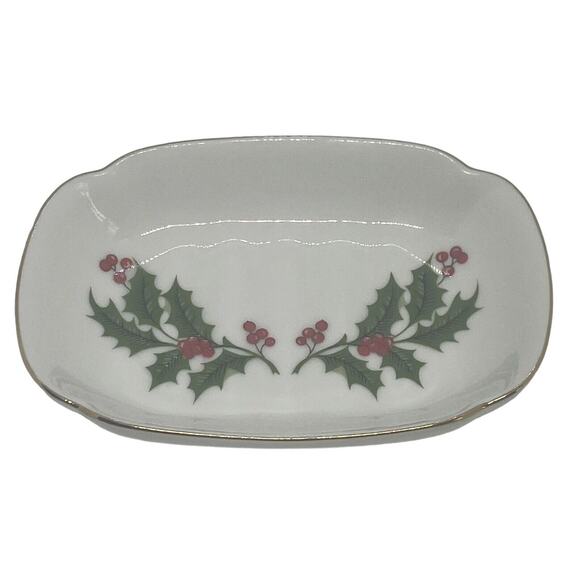 Japanese 4 7/8" Soap Trinket Dish Ceramic Gold Edge Holly Berries Green Leaves - Picture 2 of 14
